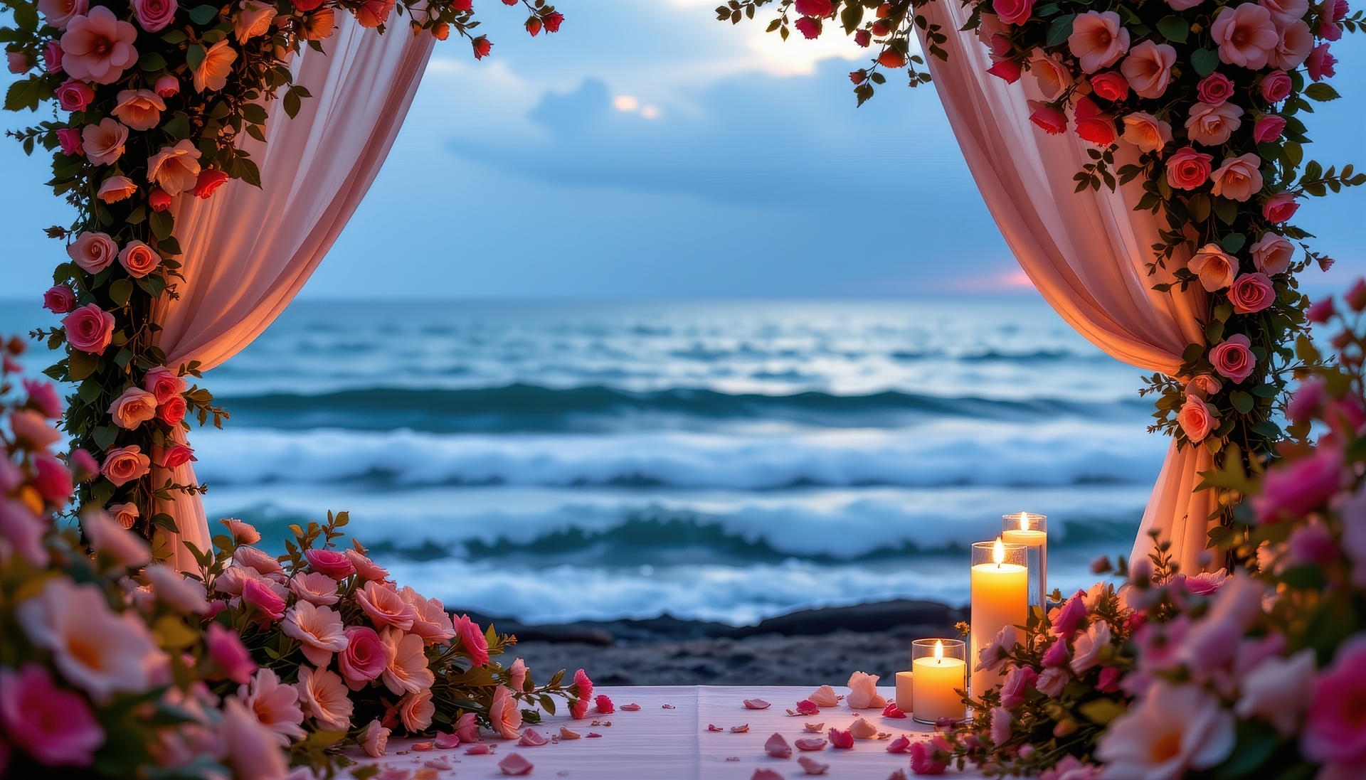 A couple at a candlelit dinner beside a swim-up suite at sunset