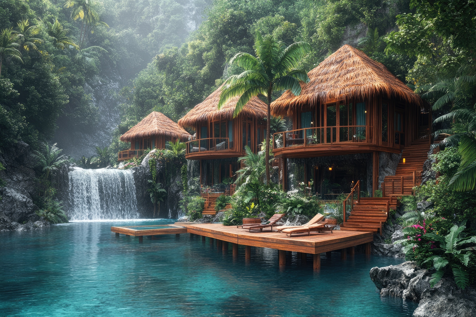 A luxurious tropical retreat with a waterfall and private villas
