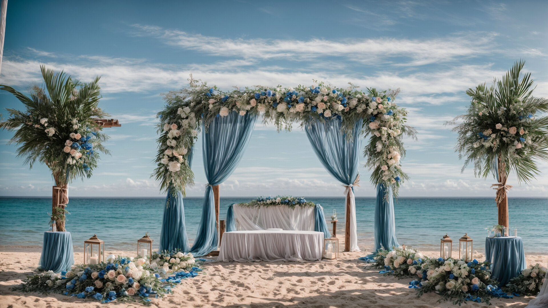 A beach wedding arch framing the turquoise sea